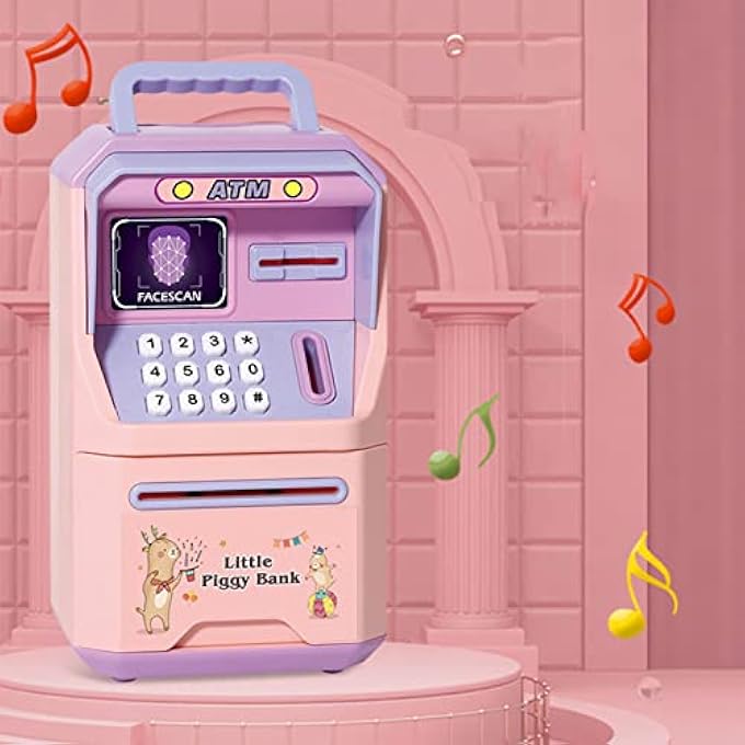 rayihni ATM, SAVINGS BANK, MINI BANK FOR REAL MONEY, ECONOMY MACHINE FOR ADULTS AND CHILDREN, SIMULATION, FACE RECOGNITION FOR CHILDREN OVER 3 YEARS (PINK) - Image 3